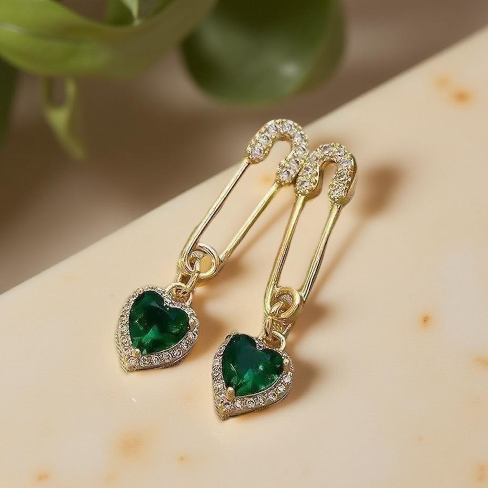 Green Heart w/ Rhinestones Dangle Earrings
